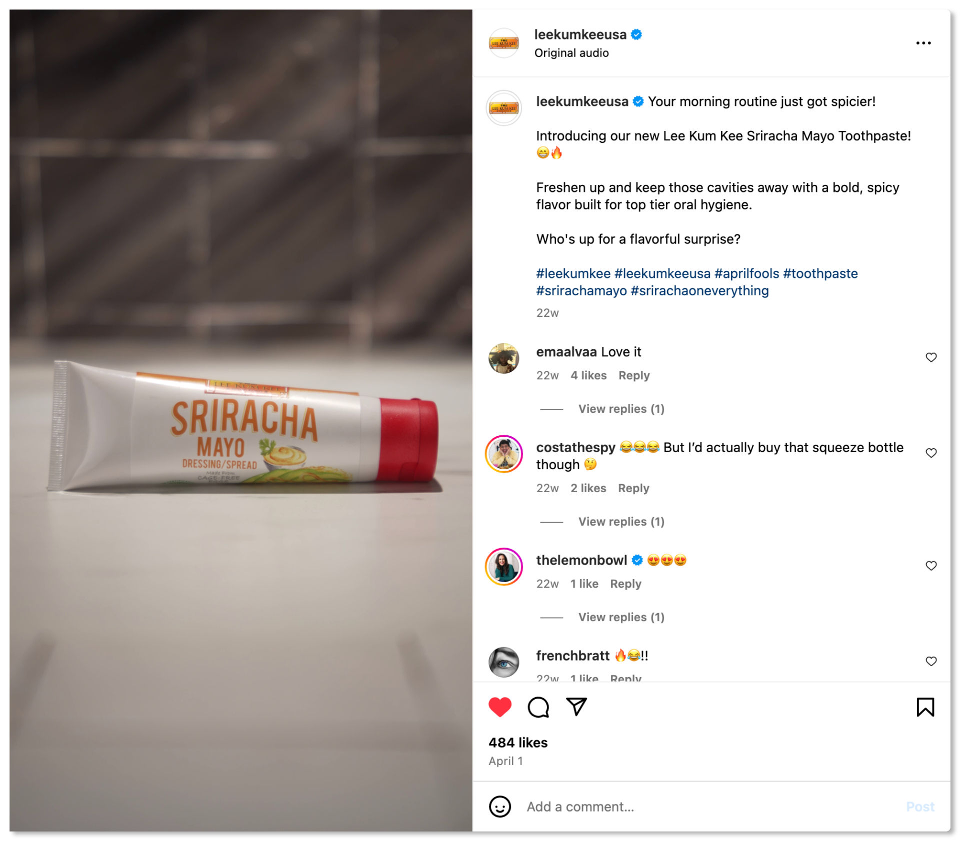 Sriracha Toothpaste Instagram post