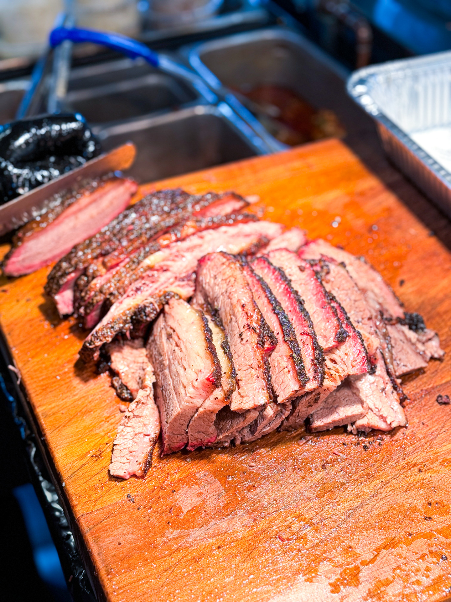 A freshly sliced slab of Chef Winnie’s brisket