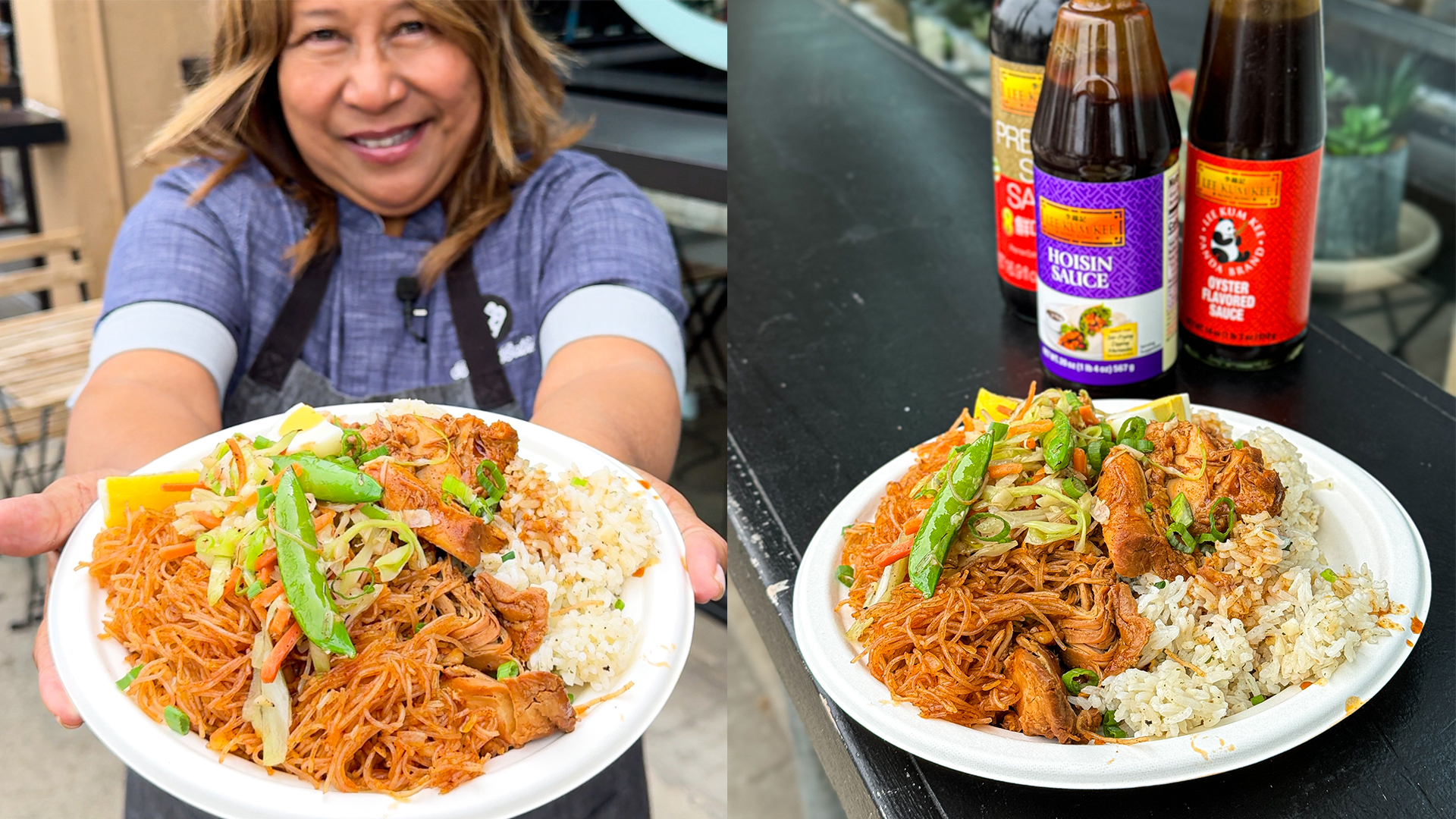 Chef Barb and her classic plate of Pancit Noodles, Garlic Rice, and Chicken Adobo, featuring Lee Kum Kee Sauces