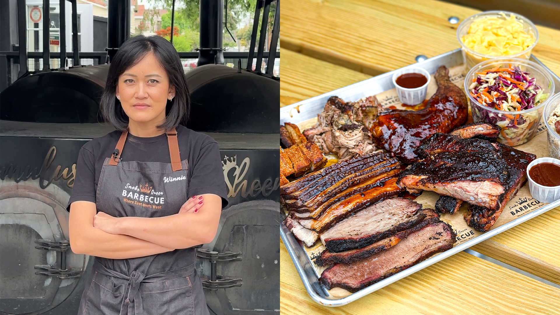 Chef Winnie-Yee Lakhani of Smoke Queen Barbecue and a tray of her restaurant’s signature BBQ offerings