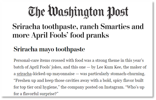 The Washington Post clipping, featuring "Sriracha toothpaste" as a headline